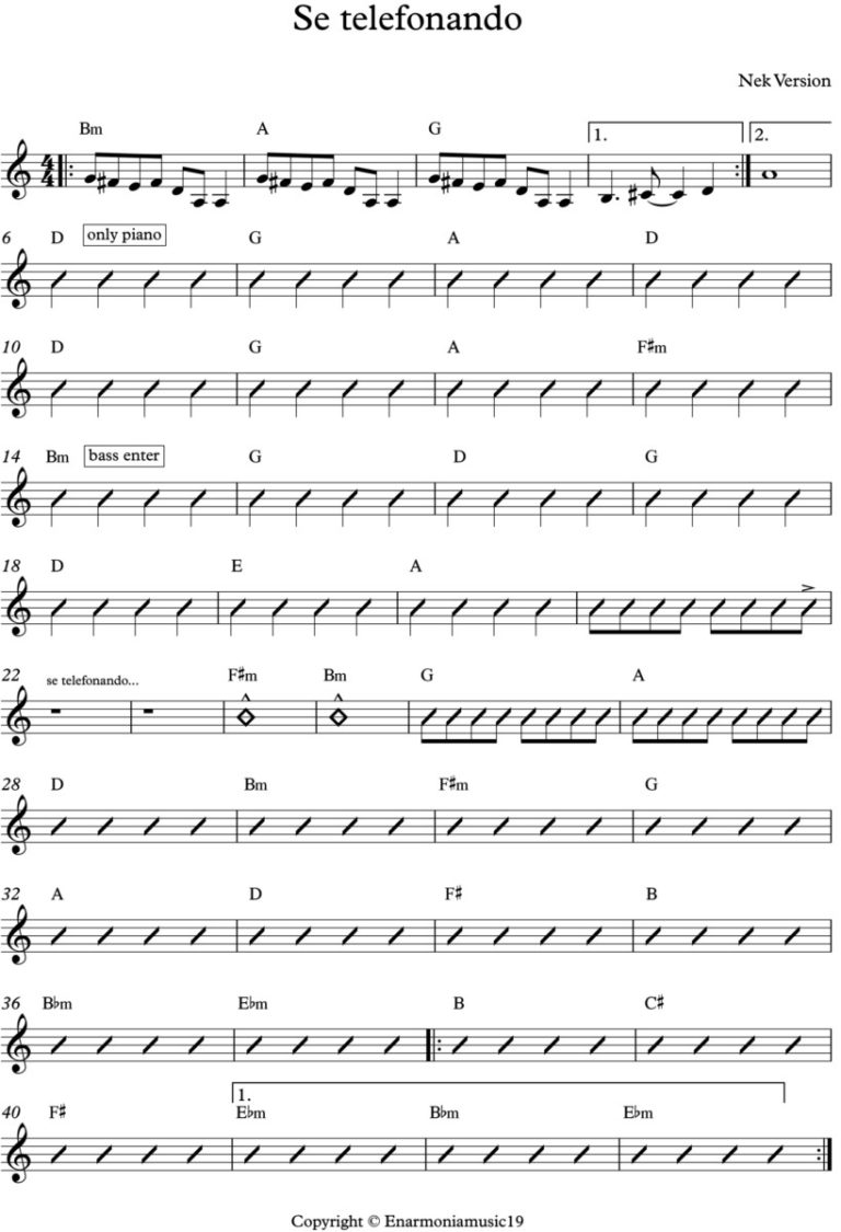 Se telefonando (Nek) - Tutto lo spartito per chitarra e pianoforte