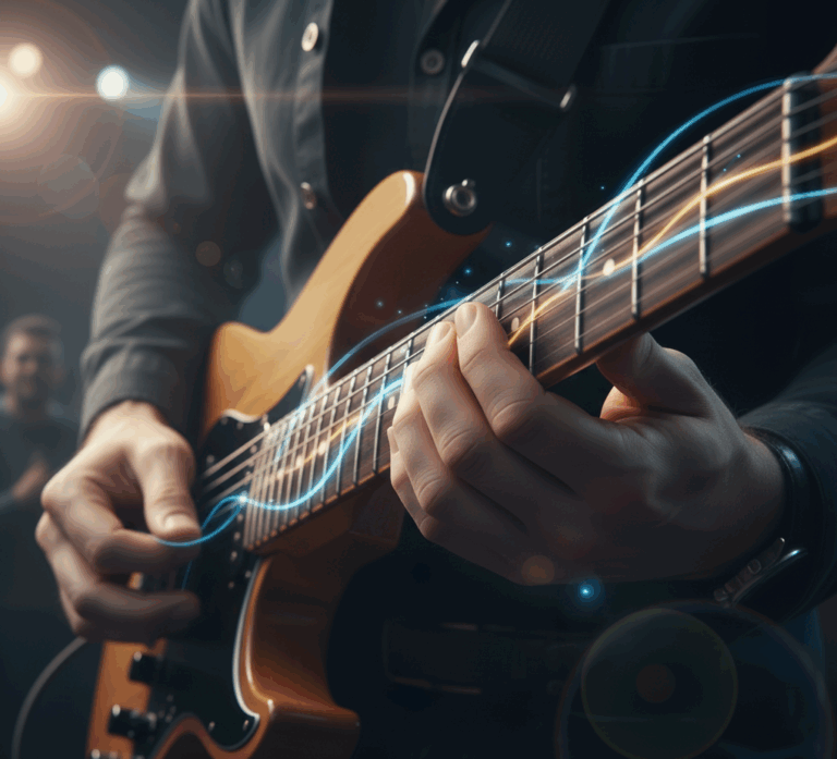 Chitarrista che esegue esercizi chitarra per tastiera completa, con linee dinamiche che simboleggiano il movimento fluido sul manico per uscire dal box