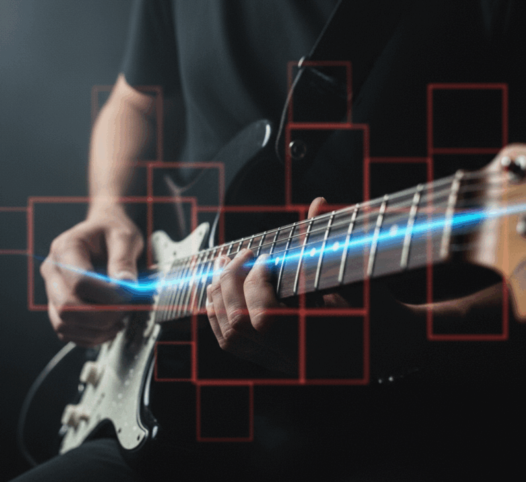 Smetti di guardare le Box, inizia a pensare per Linee: chitarrista suona fraseggio single-string con linea melodica luminosa sulla tastiera che supera le box rosse.